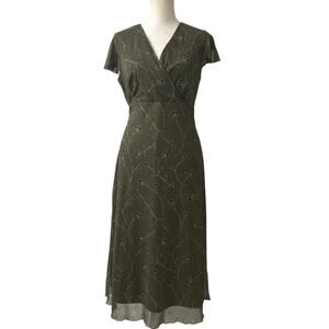 AGB Green Sequin Floral Babydoll Y2K Vtg  Flutter Sleeve Midi Dress Fairy Size 8